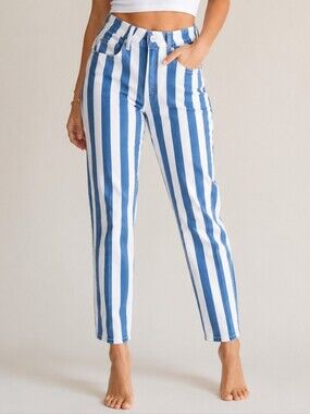 Hollister Mom Jeans Blue White Vertical Stripe Womens 24W 25L Carnival Nautical